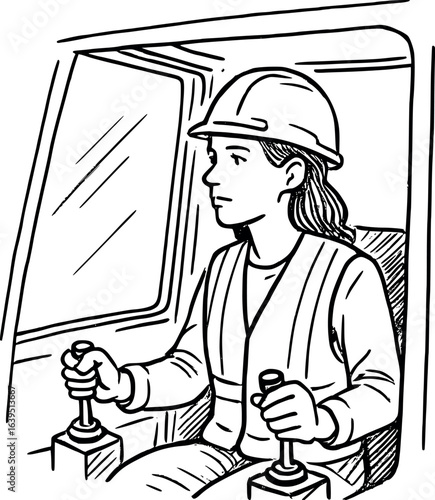 Female crane operator sketch with helmet and vest. Hand-drawn heavy equipment worker vector isolated on white.
