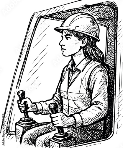 Female crane operator sketch with helmet and vest. Hand-drawn heavy equipment worker vector isolated on white.