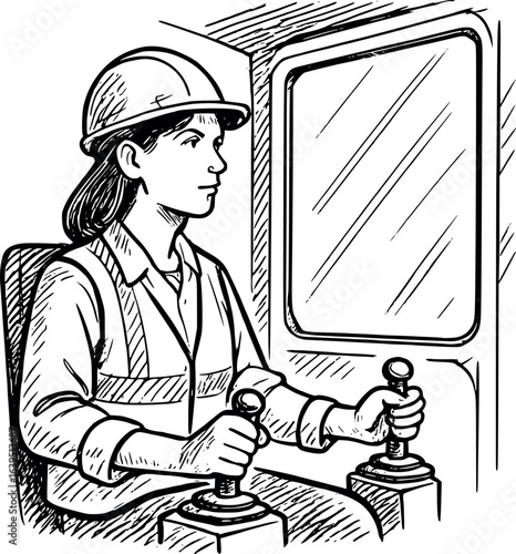 Female crane operator sketch with helmet and vest. Hand-drawn heavy equipment worker vector isolated on white.