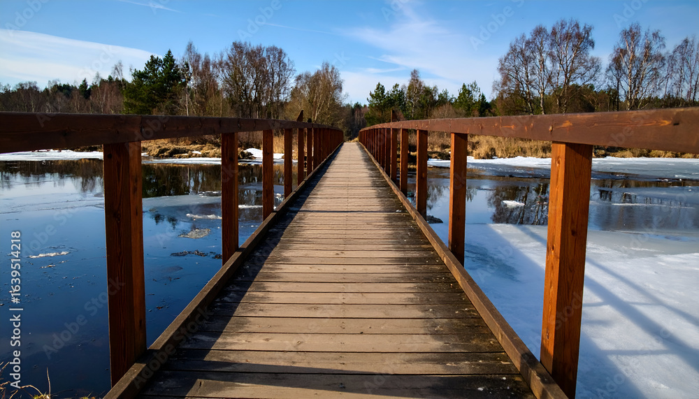 Naklejka premium Wooden bridge over frozen lake.