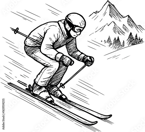 Skier starting downhill sketch with mountain. Hand-drawn winter sport scene vector isolated on white.