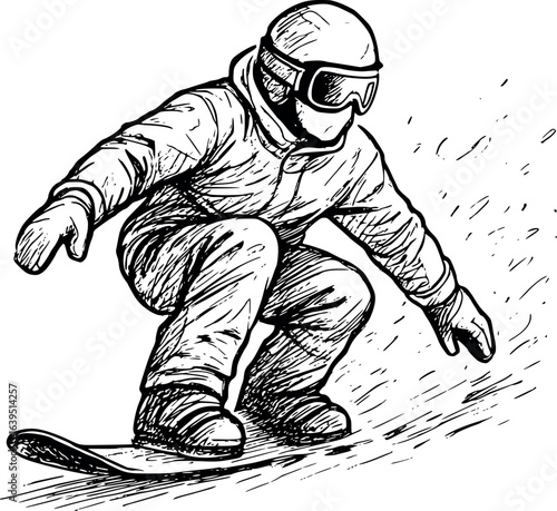 Snowboarder sketch in helmet mid-turn. Hand-drawn winter sport vector isolated on white.