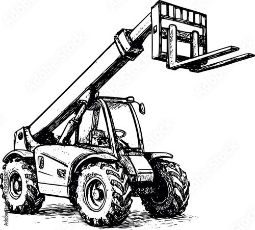 Telescopic forklift sketch with pallet. Hand-drawn construction equipment vector isolated on white.