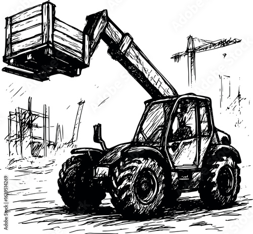 Telescopic forklift sketch with pallet. Hand-drawn construction equipment vector isolated on white.