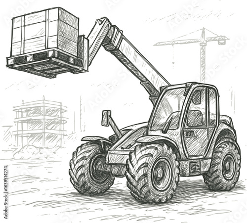 Telescopic forklift sketch with pallet. Hand-drawn construction equipment vector isolated on white.