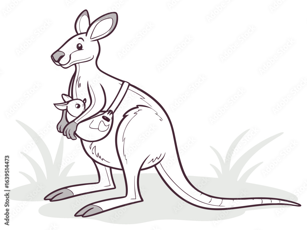 Fototapeta premium Cute cartoon kangaroo mom and joey in a playful setting. A cheerful cartoon illustration of a kangaroo mother and her joey. kangaroo, joey, mother and baby, cartoon, children's, illustration, cute, an
