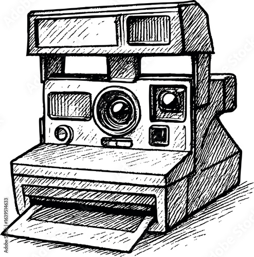 Vintage Polaroid Camera Hand-Drawn Sketch. Retro Photography Nostalgia Illustration For Art And Design