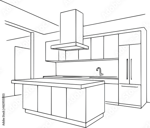 Minimalist Black Ink Sketch of Modern Kitchen Interior with Island - Architectural Line Drawing for Interior Design Projects