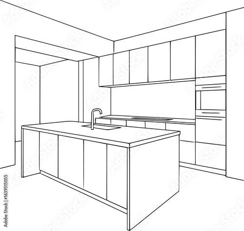 Minimalist Black Ink Sketch of Modern Kitchen Interior with Island - Architectural Line Drawing for Interior Design Projects