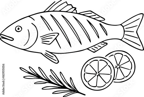 Minimalist grilled whole sea bass sketch with rosemary and lemon. Clean line art of Mediterranean cuisine dish, vector illustration isolated on white background.