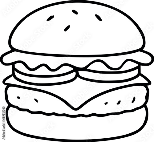 Minimalist burger sketch illustration with beef patty and toppings. Simple clean line art of gourmet fast food, vector design isolated on white background.