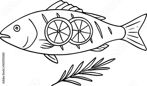 Minimalist grilled whole sea bass sketch with rosemary and lemon. Clean line art of Mediterranean cuisine dish, vector illustration isolated on white background.