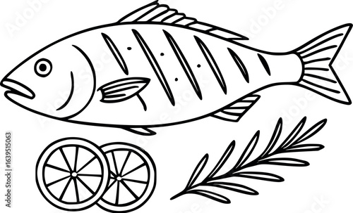 Minimalist grilled whole sea bass sketch with rosemary and lemon. Clean line art of Mediterranean cuisine dish, vector illustration isolated on white background.