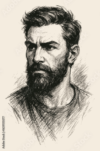 Male Portrait Sketch With Beard. Detailed Charcoal Style Drawing With Strong Facial Features And Artistic Expression