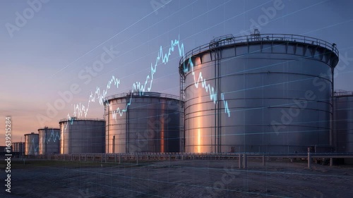 Large industrial oil storage tanks at refinery facility with financial stock market graph overlay during sunset in energy sector concept

