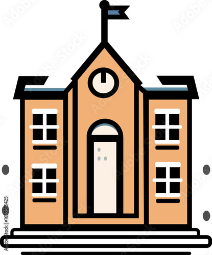 Simple Line Colored School Building Facade With Clock Icon Illustration