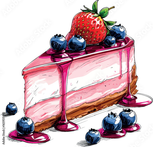 Artistic strawberry cheesecake sketch with berry sauce. Gourmet dessert illustration in loose pen drawing style, vector design isolated on white background.