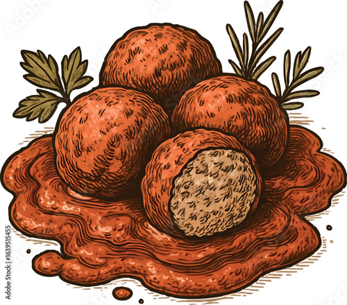Vintage cookbook style meatball sketch with tomato sauce. Cross-section view of classic comfort food with detailed texture, vector illustration isolated on white background.