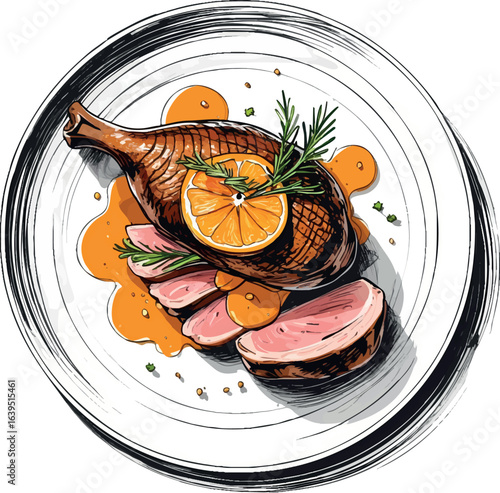 Artistic gourmet duck breast sketch with orange sauce. Fine dining illustration with elegant line work and minimal color accents, vector design isolated on white background.