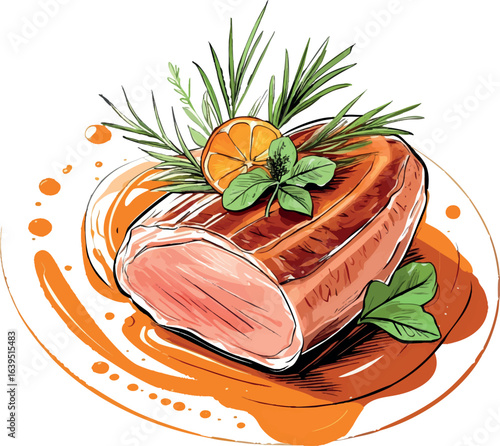 Artistic gourmet duck breast sketch with orange sauce. Fine dining illustration with elegant line work and minimal color accents, vector design isolated on white background.