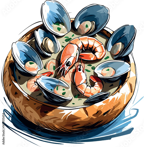 Artistic seafood chowder sketch in bread bowl with clams and shrimp. Comfort food illustration with loose pen drawing style, vector design isolated on white background.
