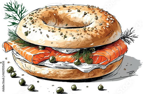 Artistic smoked salmon bagel sketch with cream cheese, capers and dill. Breakfast food illustration with loose line drawing style, vector design isolated on white background.