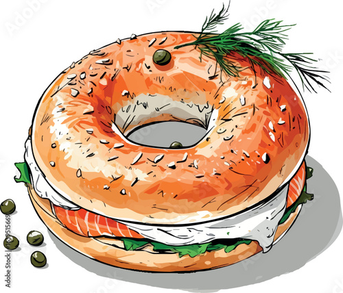 Artistic smoked salmon bagel sketch with cream cheese, capers and dill. Breakfast food illustration with loose line drawing style, vector design isolated on white background.