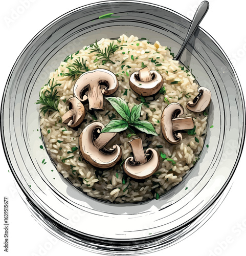 Hand-drawn vegan mushroom risotto sketch illustration. Artistic line drawing of plant-based Italian cuisine with herbs, vector design isolated on white background.