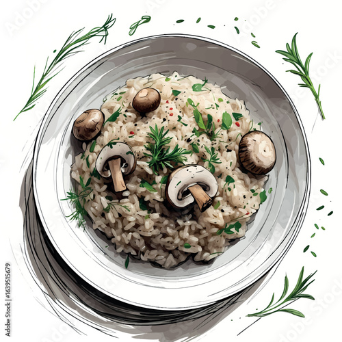 Hand-drawn vegan mushroom risotto sketch illustration. Artistic line drawing of plant-based Italian cuisine with herbs, vector design isolated on white background.