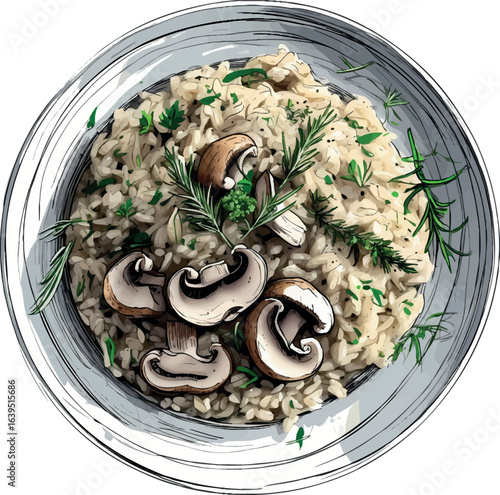 Hand-drawn vegan mushroom risotto sketch illustration. Artistic line drawing of plant-based Italian cuisine with herbs, vector design isolated on white background.