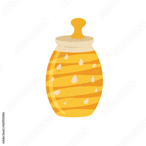 Honey jar with lid and drops on a white background  