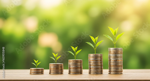 A conceptual image showing the growth of money as a plant on an ascending stack of coins on a wooden desk.