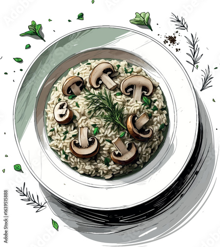 Hand-drawn vegan mushroom risotto sketch illustration. Artistic line drawing of plant-based Italian cuisine with herbs, vector design isolated on white background.