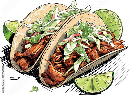 Artistic pulled pork tacos sketch illustration with coleslaw and lime. Detailed line drawing of street food with texture details, vector design isolated on white background.