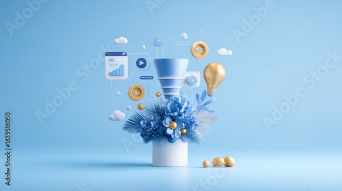 A modern digital design featuring a blue vase with flowers, surrounded by graphical elements representing data and creativity.
