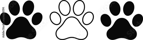 Black and outline animal paw prints, dog and cat foot icons, pet track vector symbols, simple silhouette design collection.