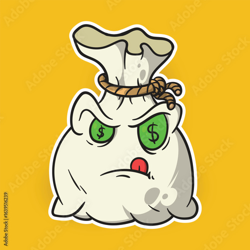 Vector Illustration of Greedy Money Bag Cartoon Sticker