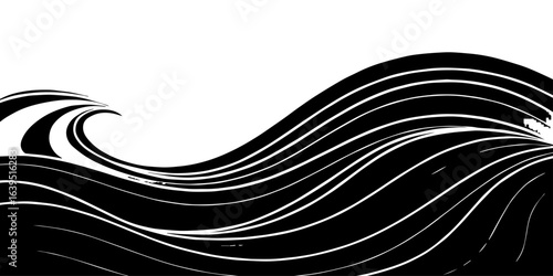 
"Bold black and white illustration of a powerful ocean wave curling with dynamic lines and flowing movement, evoking strength and elegance."
