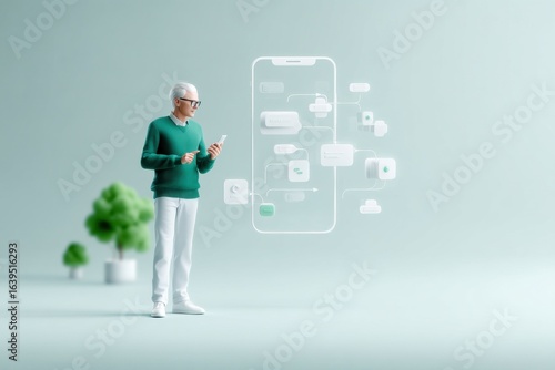 A senior man interacts with a smartphone, surrounded by digital icons and a minimalist environment, symbolizing technology and communication.