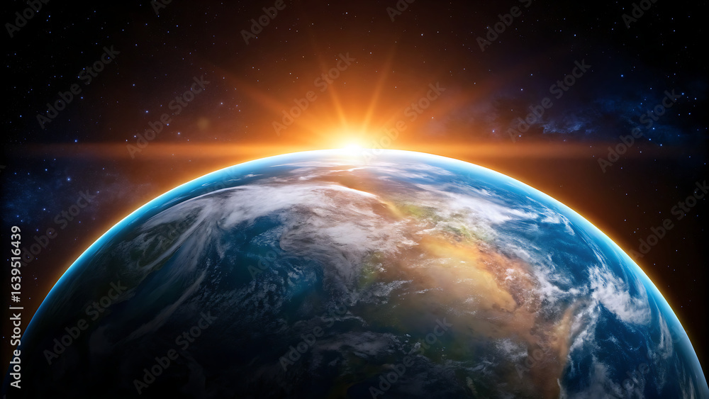 Obraz premium “Sunrise Over Earth from Space – Global Connectivity and Cosmic Beauty with City Lights”