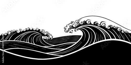 
"Bold black and white illustration of a powerful ocean wave curling with dynamic lines and flowing movement, evoking strength and elegance."
