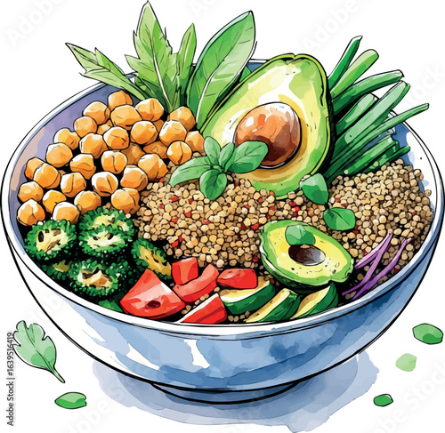 Hand-drawn vegan buddha bowl sketch illustration. Healthy plant-based meal with chickpeas, avocado and vegetables, vector design isolated on white.