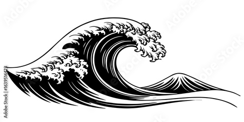
"Bold black and white illustration of a powerful ocean wave curling with dynamic lines and flowing movement, evoking strength and elegance."

