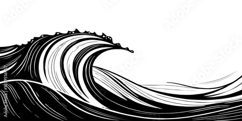 
"Bold black and white illustration of a powerful ocean wave curling with dynamic lines and flowing movement, evoking strength and elegance."

