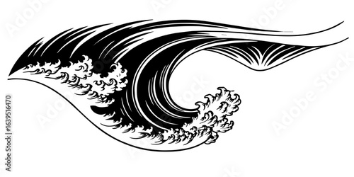 
"Bold black and white illustration of a powerful ocean wave curling with dynamic lines and flowing movement, evoking strength and elegance."
