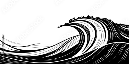
"Stylized monochrome wave art, featuring sweeping curves and frothy crest details, symbolizing nature’s power and rhythm."

