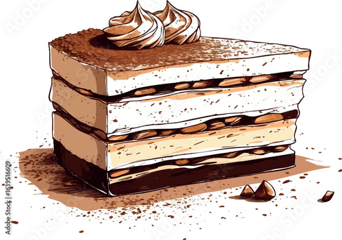 Hand-drawn tiramisu slice sketch with cocoa dusting. Italian dessert illustration showing cross-section layers, vector design isolated on white background.