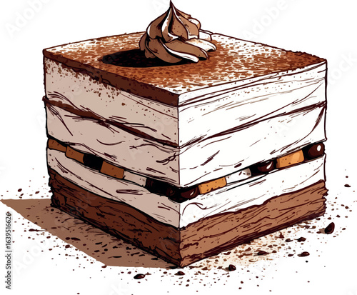 Hand-drawn tiramisu slice sketch with cocoa dusting. Italian dessert illustration showing cross-section layers, vector design isolated on white background.