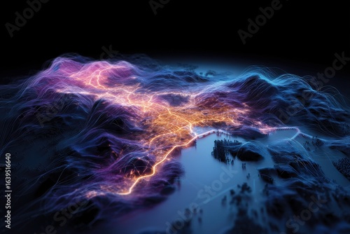 A vibrant, abstract representation of a landscape illuminated by luminous pathways, resembling a digital map of interconnected data and energy flows.
