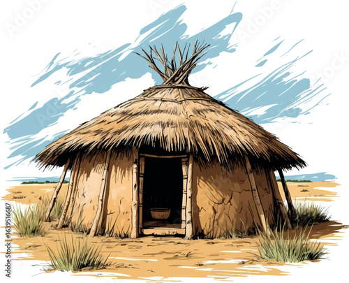 African mud hut sketch with thatched roof. Hand-drawn traditional rural home vector isolated on white.